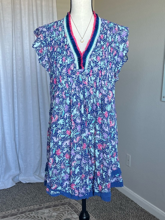 Poupette St. Barth Dresses & Skirts - Poupette St Barth Blue Pink Print Tunic Dress Fringe V Neck Cover Up Size S